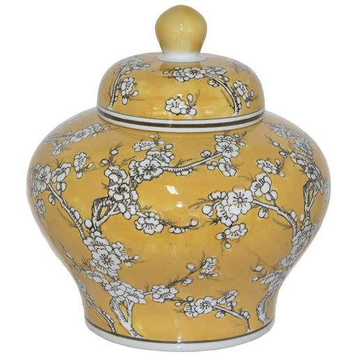 Yellow ginger jar with lid ornament decor