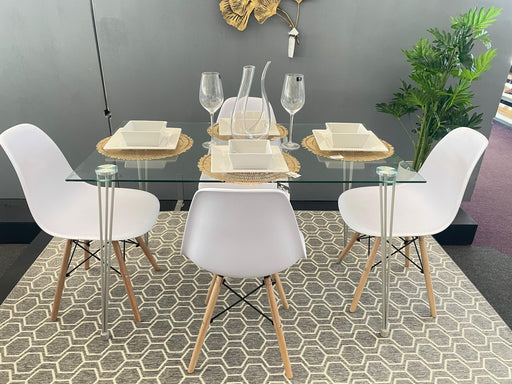 5PCE TURRI D/R/S - GLASS TOP/WHITE CHAIRS CDENS