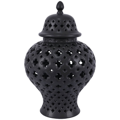 BLACK PIERCED GINGER JAR/LID 37CM TRANS NATAL CUT GLASS