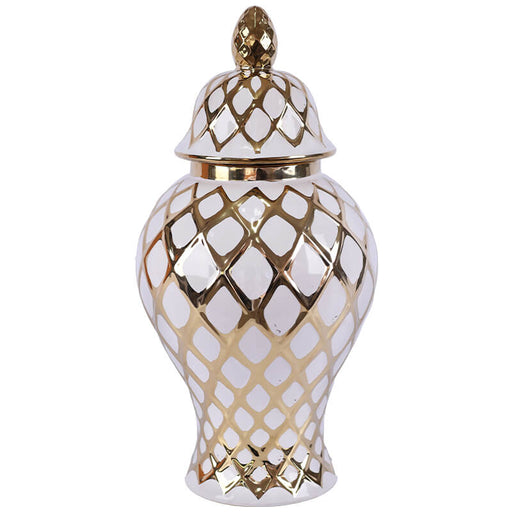 GOLD/WHITE DIAMOND GINGER JAR/LID - 40CM TRANS NATAL CUT GLASS