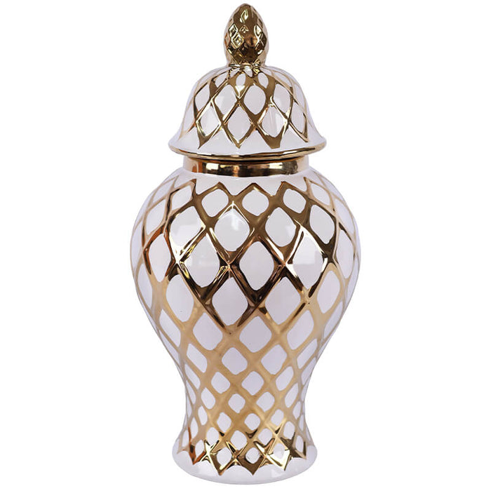 GOLD/WHITE DIAMOND GINGER JAR/LID - 36CM TRANS NATAL CUT GLASS